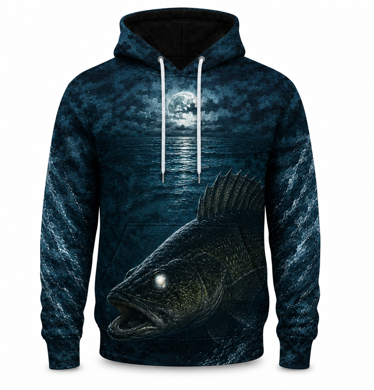 Walleye 3D Fishing Hoodie – Moonlit Dark Angler Gift for Men