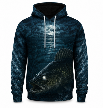 Walleye 3D Fishing Hoodie – Moonlit Dark Angler Gift for Men