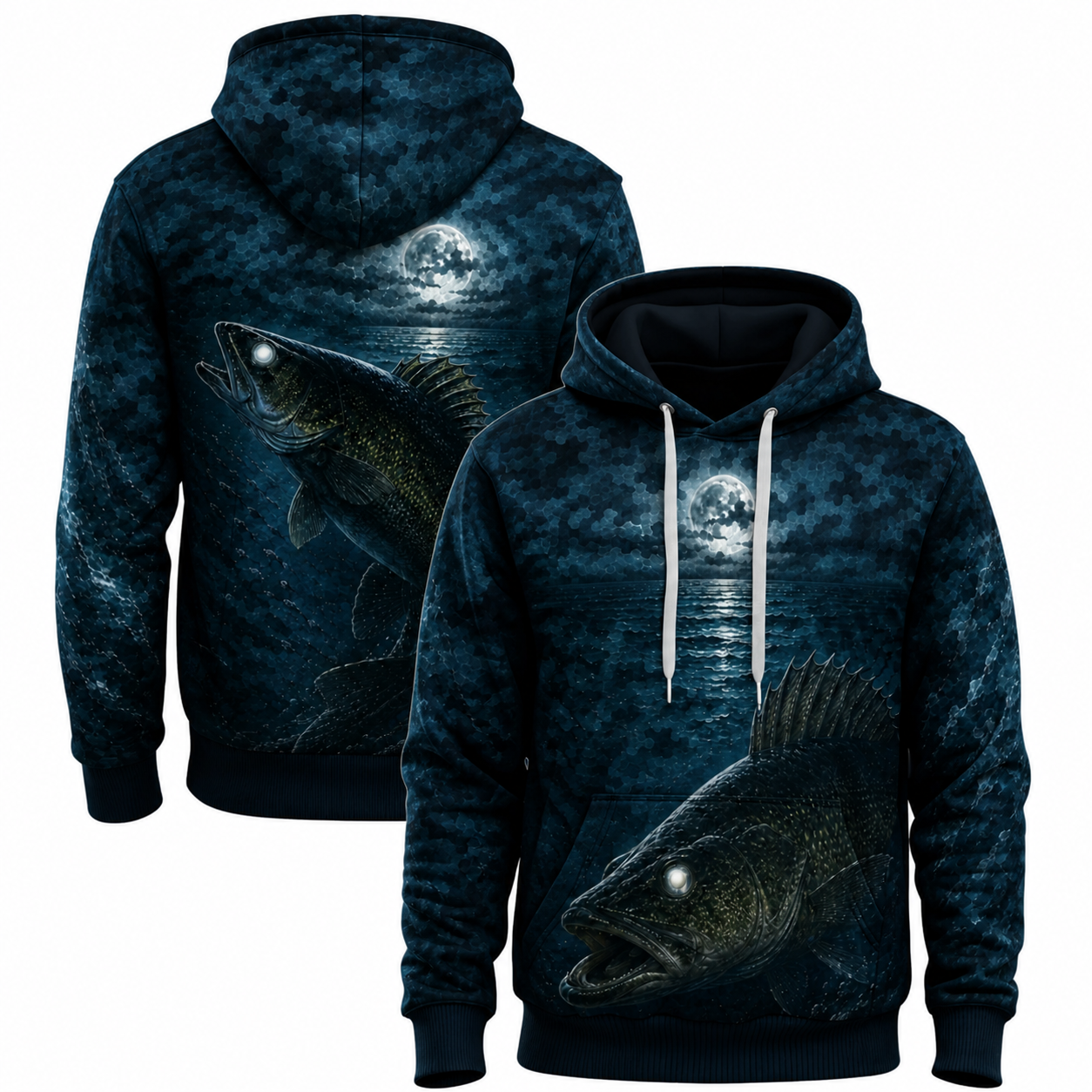 Walleye 3D Fishing Hoodie – Moonlit Dark Angler Gift for Men
