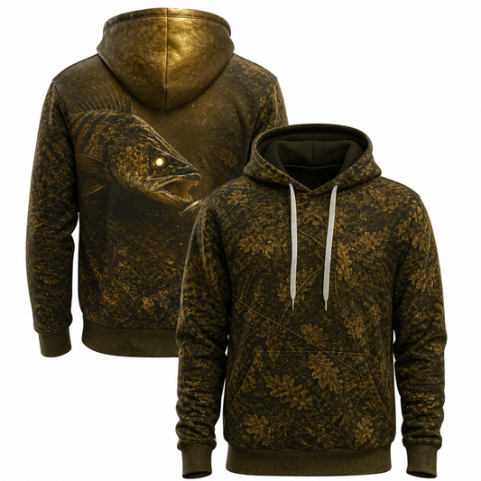 Walleye 3D Fishing Hoodie – Antique Leaf Camo Angler Gift