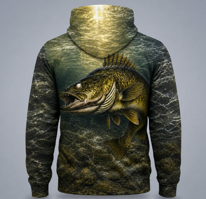 Walleye 3D Fishing Hoodie – Dark Rock Angler Gift for Men