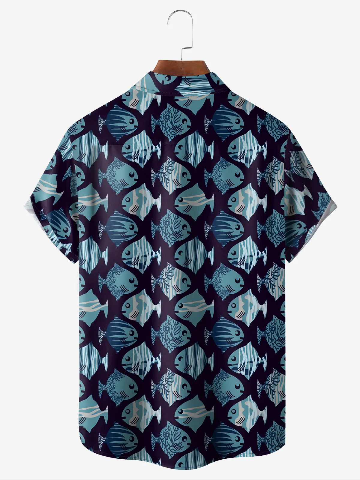 Navy Purple Cartoon Abstract Fish School Camp Shirt