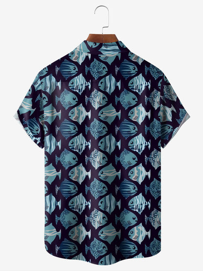 Navy Purple Cartoon Abstract Fish School Camp Shirt