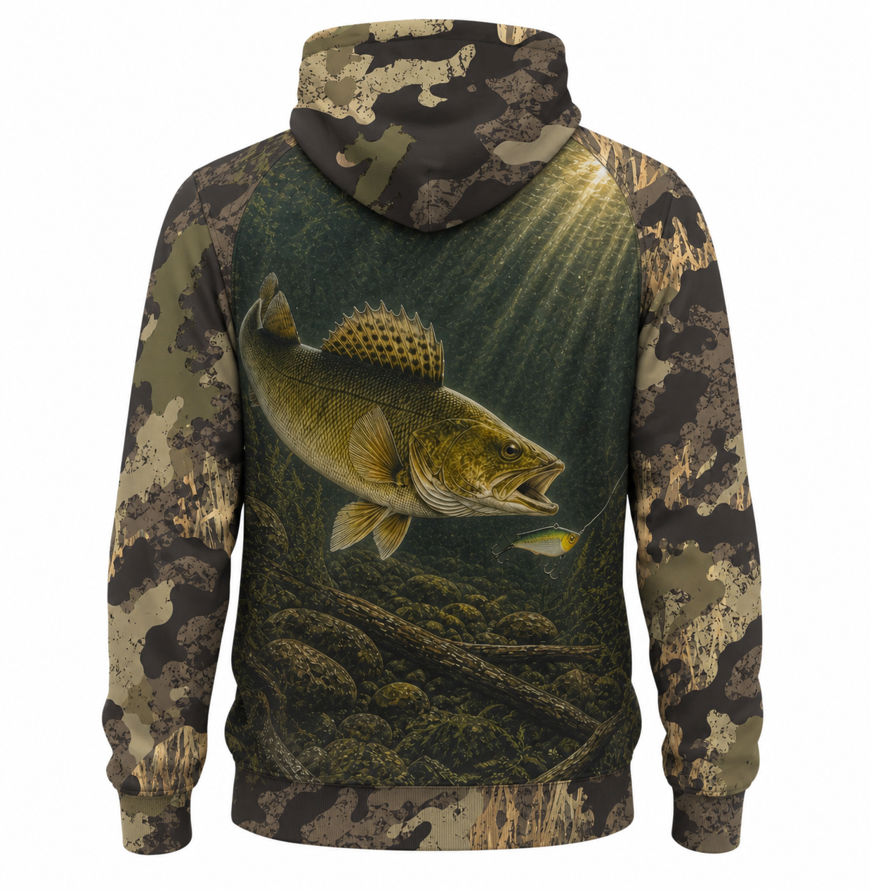 Walleye 3D Fishing Hoodie – Forest Camo Lure Angler Gift