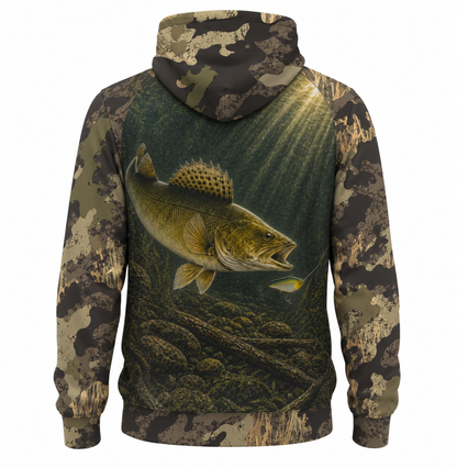 Walleye 3D Fishing Hoodie – Forest Camo Lure Angler Gift