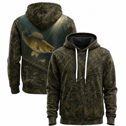Walleye 3D Fishing Hoodie – Forest Camo Lure Angler Gift