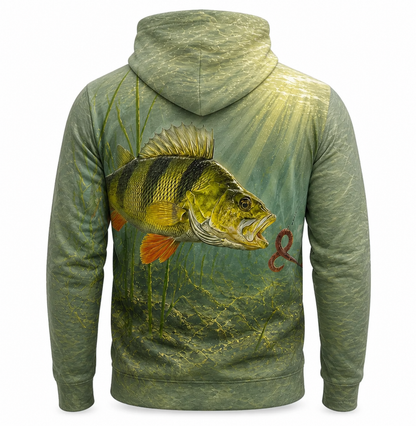 Yellow Perch 3D Fishing Hoodie – Sage Green Worm Angler Gift