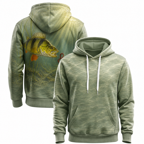 Yellow Perch 3D Fishing Hoodie – Sage Green Worm Angler Gift