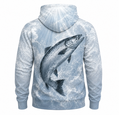 Salmon 3D Fishing Hoodie – Icy Blue Leaping Angler Gift