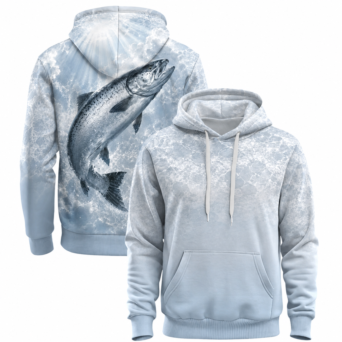 Salmon 3D Fishing Hoodie – Icy Blue Leaping Angler Gift