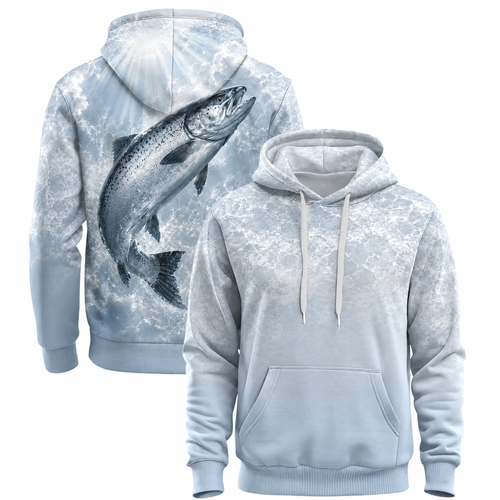 Salmon 3D Fishing Hoodie – Icy Blue Leaping Angler Gift