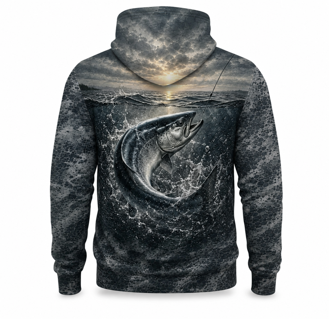 Salmon 3D Fishing Hoodie – Charcoal Sunset Angler Gift