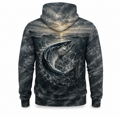 Salmon 3D Fishing Hoodie – Charcoal Sunset Angler Gift
