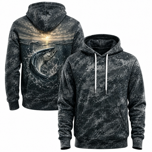 Salmon 3D Fishing Hoodie – Charcoal Sunset Angler Gift