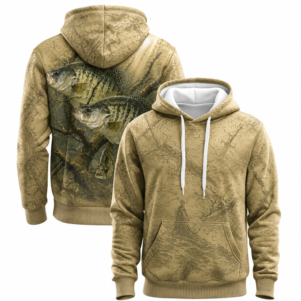 Crappie School Tan Brush Camo 3D Print Fishing Hoodie