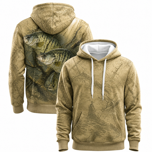 Crappie School Tan Brush Camo 3D Print Fishing Hoodie