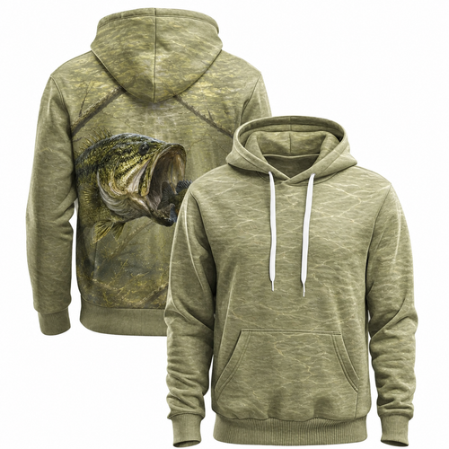 Largemouth Bass Khaki Camo 3D All Over Print Fishing Hoodie
