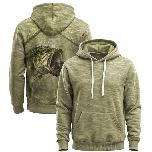Largemouth Bass Khaki Camo 3D All Over Print Fishing Hoodie