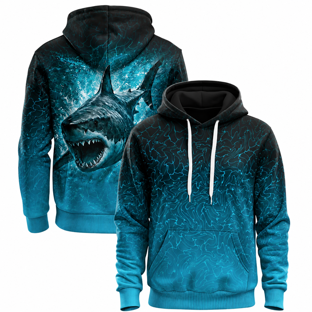 Cyan Contour Shark Attack 3D All Over Print Fishing Hoodie