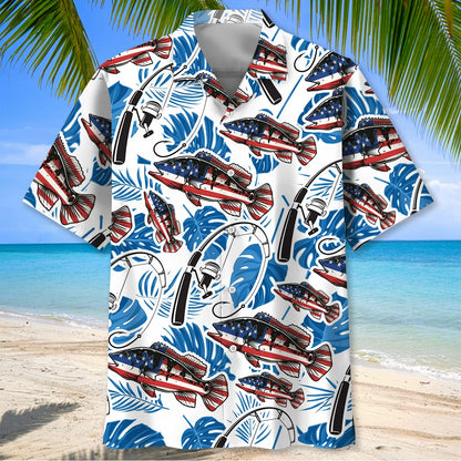 Bass Fishing American Flag Tropical Hawaiian Shirt