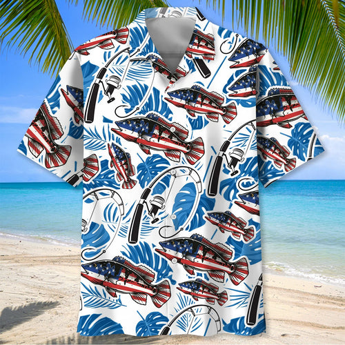 Bass Fishing American Flag Tropical Hawaiian Shirt