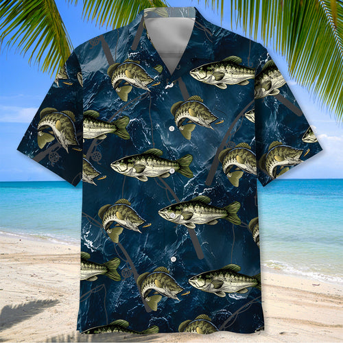 Largemouth Bass Fishing Dark Blue Hawaiian Shirt