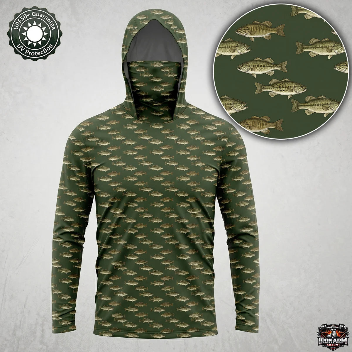 Men's UPF50+ Largemouth Bass Fishing Hoodie with Face Mask – Green Long Sleeve Sun Shirt