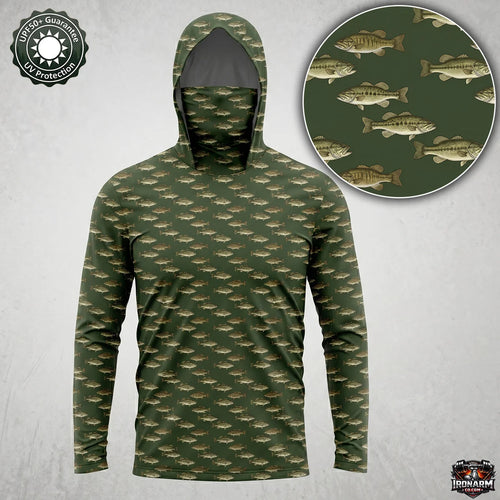 Men's UPF50+ Largemouth Bass Fishing Hoodie with Face Mask – Green Long Sleeve Sun Shirt
