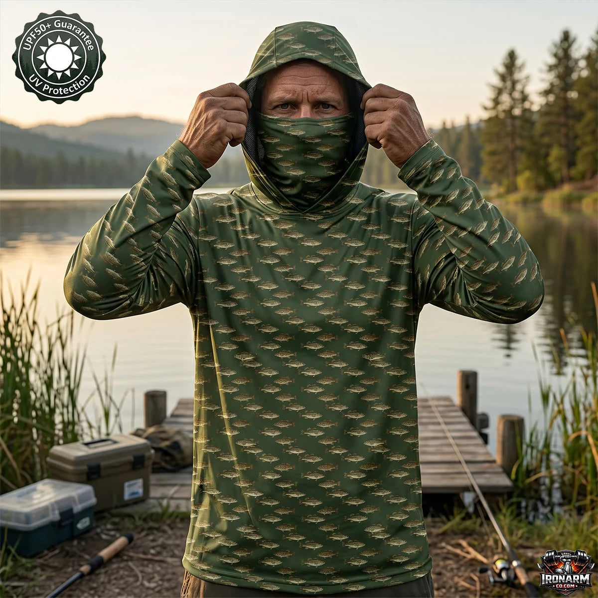 Men's UPF50+ Largemouth Bass Fishing Hoodie with Face Mask – Green Long Sleeve Sun Shirt