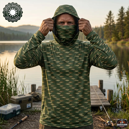 Men's UPF50+ Largemouth Bass Fishing Hoodie with Face Mask – Green Long Sleeve Sun Shirt