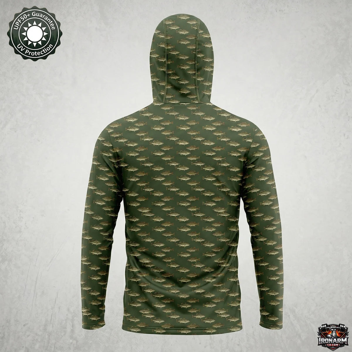 Men's UPF50+ Largemouth Bass Fishing Hoodie with Face Mask – Green Long Sleeve Sun Shirt