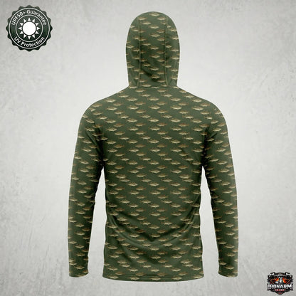 Men's UPF50+ Largemouth Bass Fishing Hoodie with Face Mask – Green Long Sleeve Sun Shirt