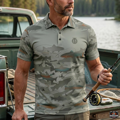 Men's Fishing Rod & Reel Pattern Polo Shirt – Black Olive