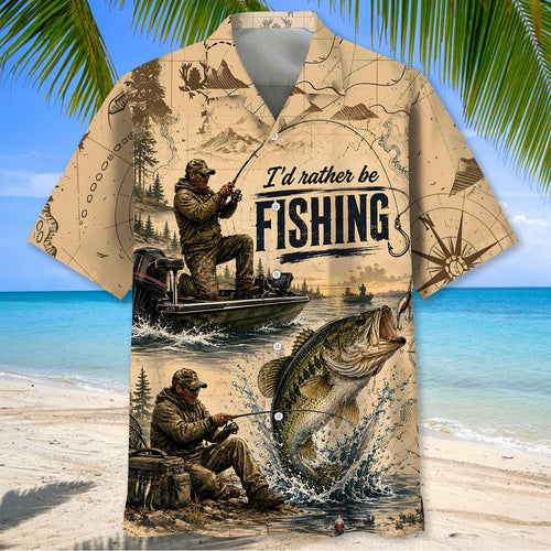 I'd Rather Be Fishing Bass Vintage Map Hawaiian Shirt