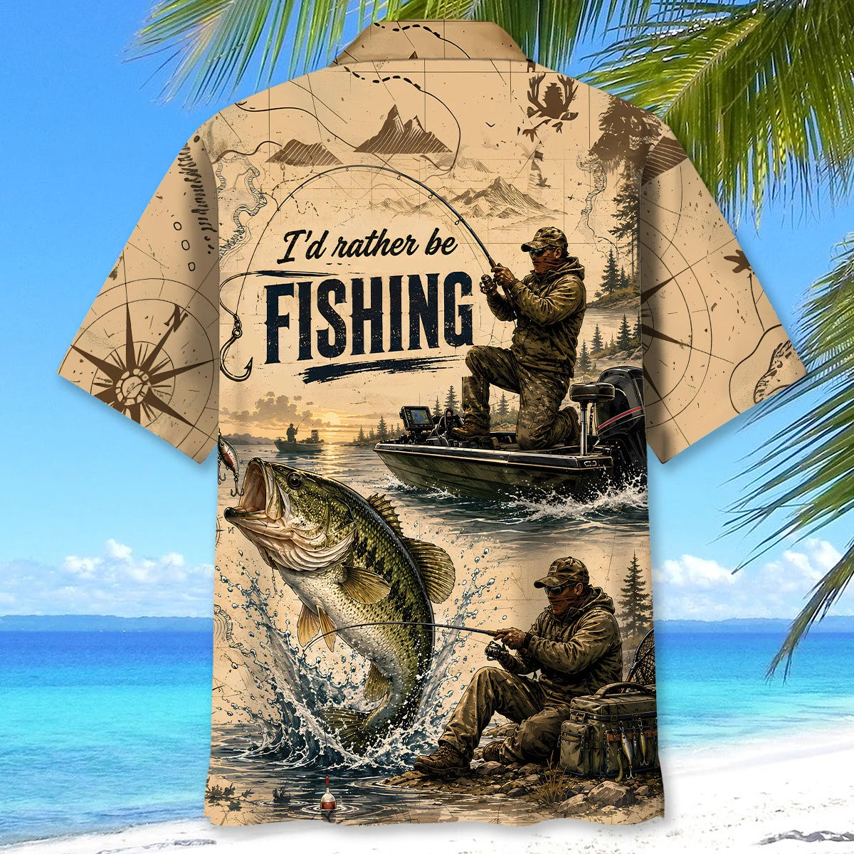 I'd Rather Be Fishing Bass Vintage Map Hawaiian Shirt