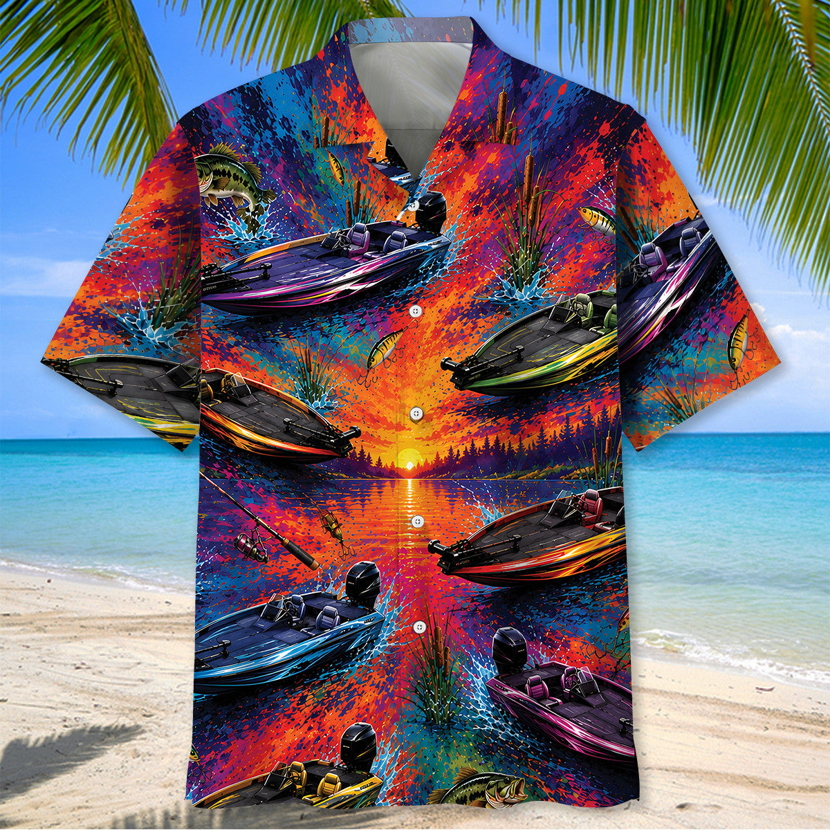 Bass Boat Fishing Colorful Sunset Hawaiian Shirt
