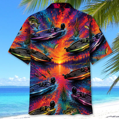 Bass Boat Fishing Colorful Sunset Hawaiian Shirt