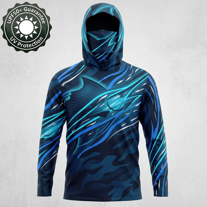 Men's UPF50+ Fishing Hoodie with Face Mask – Blue Shark Sun Protection Long Sleeve Shirt
