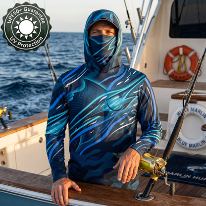 Men's UPF50+ Fishing Hoodie with Face Mask – Blue Shark Sun Protection Long Sleeve Shirt
