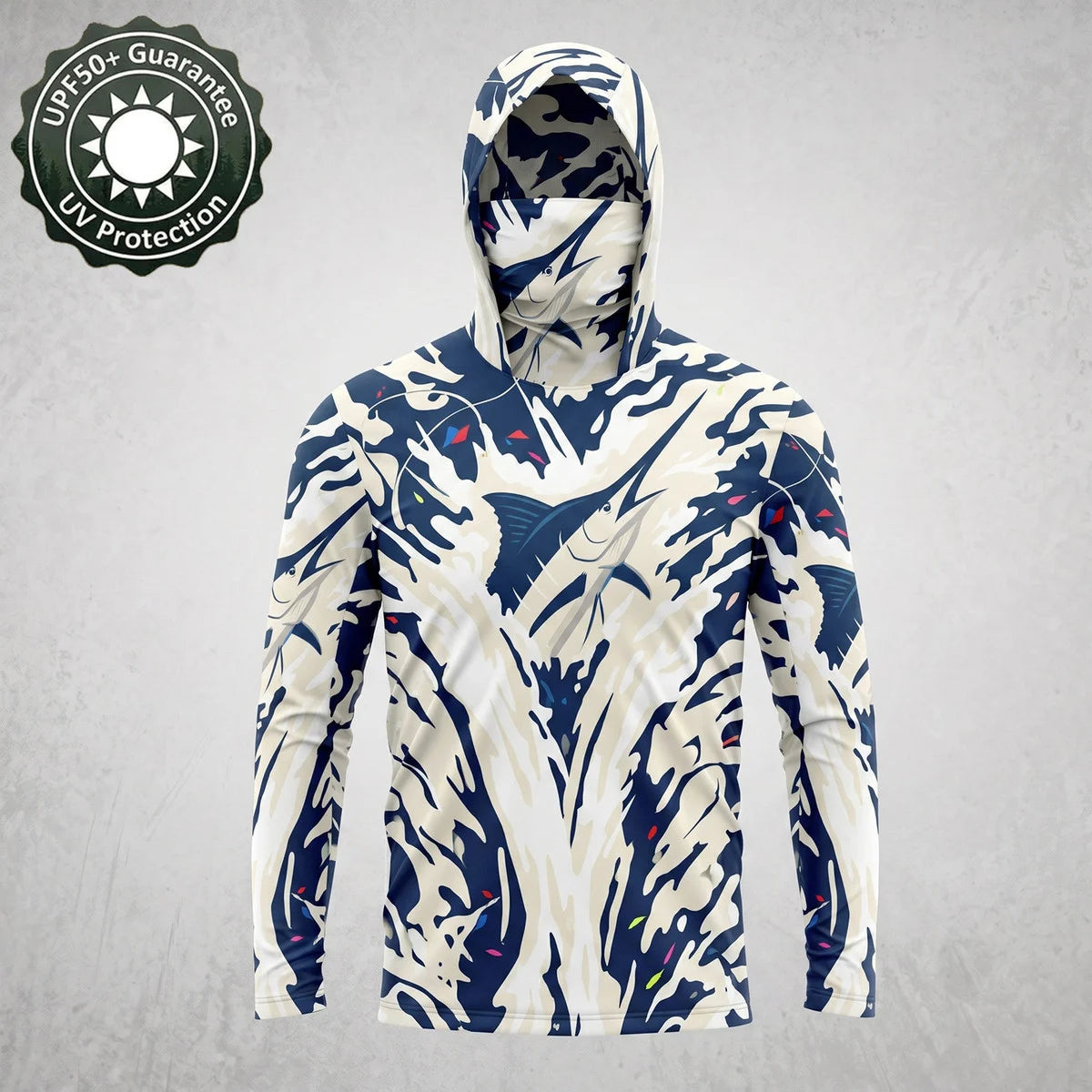 Men's UPF50+ Marlin Fishing Hoodie with Face Mask – Navy Camo Long Sleeve Sun Protection Shirt