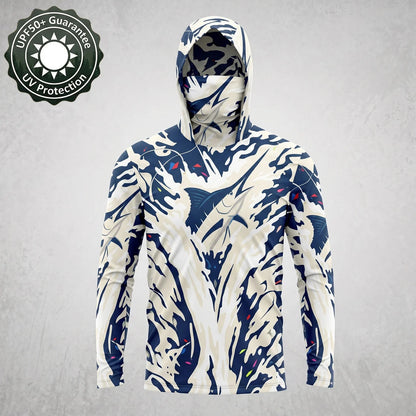 Men's UPF50+ Marlin Fishing Hoodie with Face Mask – Navy Camo Long Sleeve Sun Protection Shirt