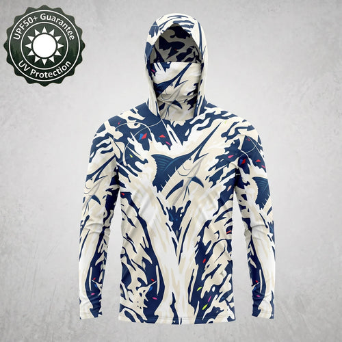 Men's UPF50+ Marlin Fishing Hoodie with Face Mask – Navy Camo Long Sleeve Sun Protection Shirt