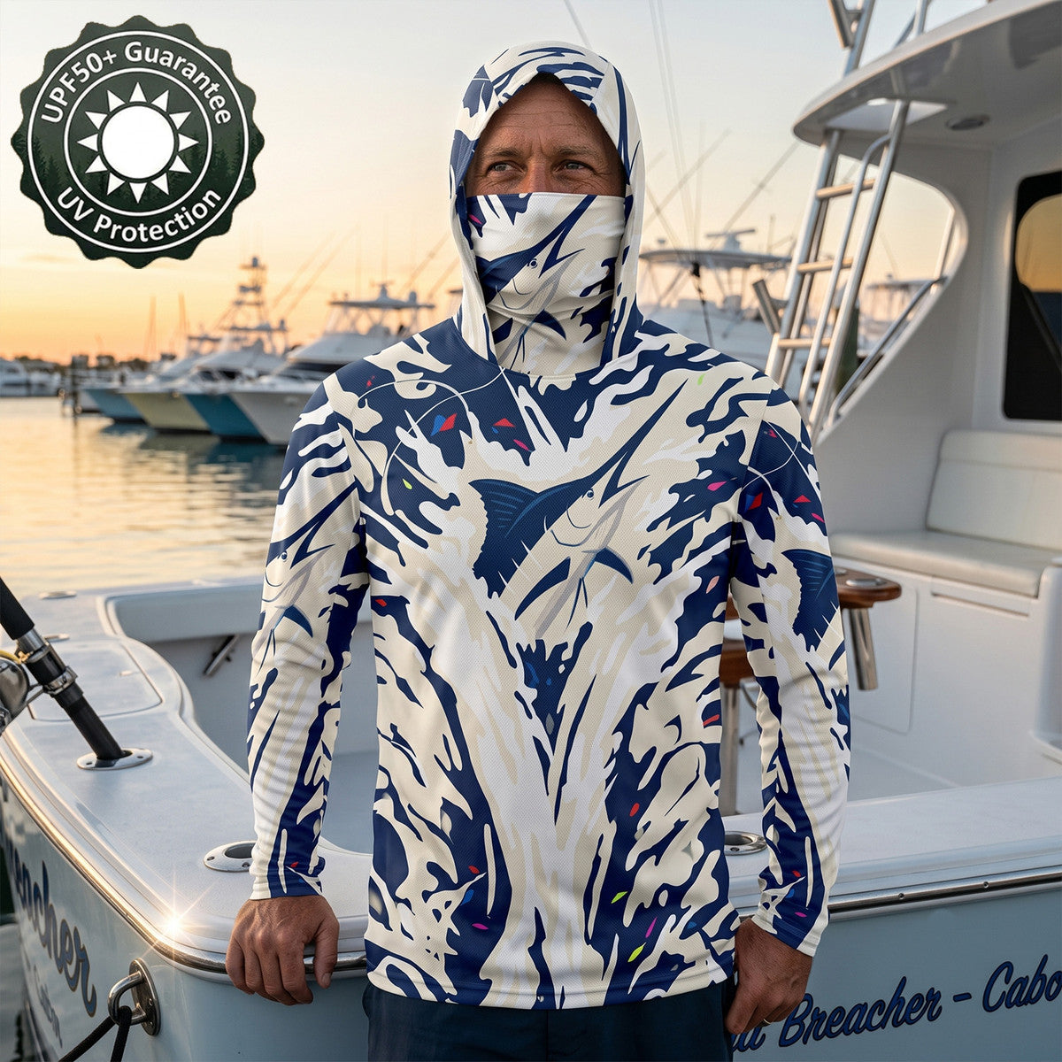 Men's UPF50+ Marlin Fishing Hoodie with Face Mask – Navy Camo Long Sleeve Sun Protection Shirt