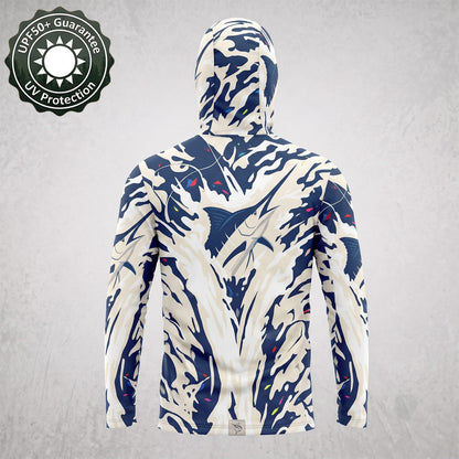 Men's UPF50+ Marlin Fishing Hoodie with Face Mask – Navy Camo Long Sleeve Sun Protection Shirt