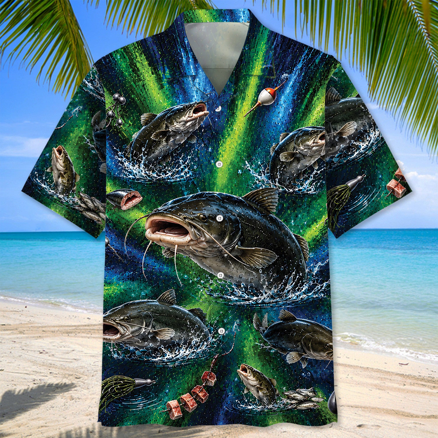 Catfish Fishing Lures Blue Green Hawaiian Shirt