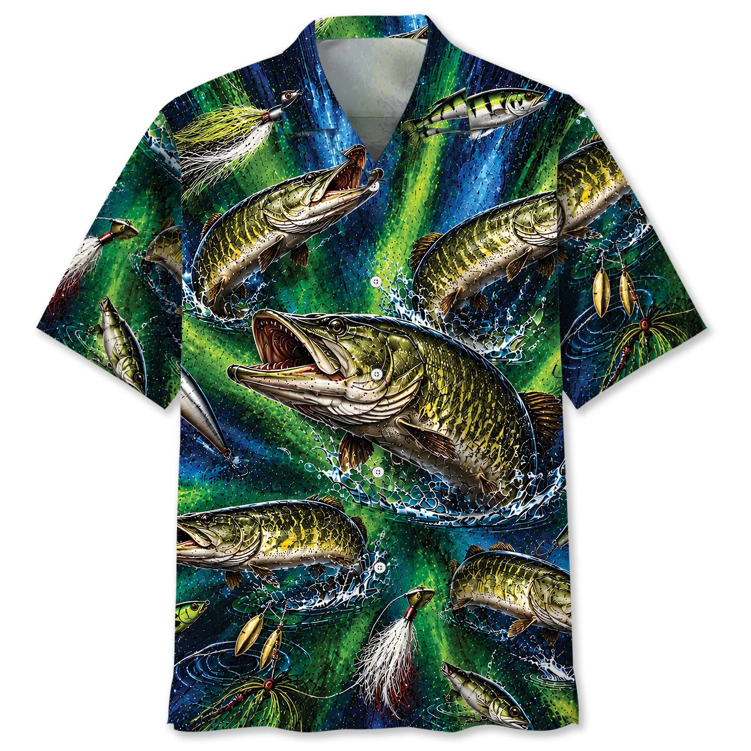 Musky Fishing Lures Blue Green Hawaiian Shirt