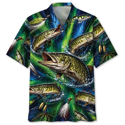 Musky Fishing Lures Blue Green Hawaiian Shirt