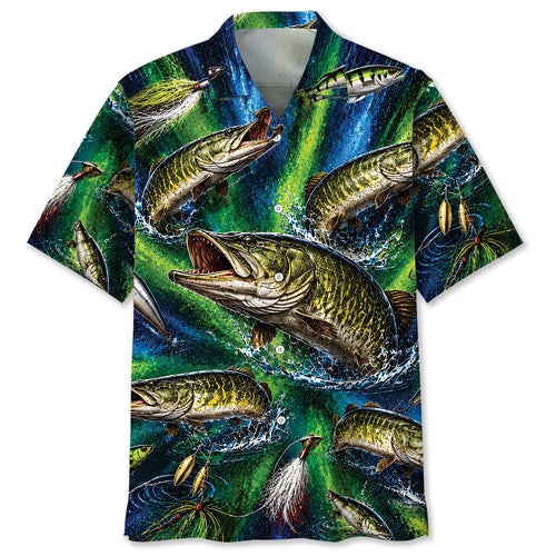 Musky Fishing Lures Blue Green Hawaiian Shirt