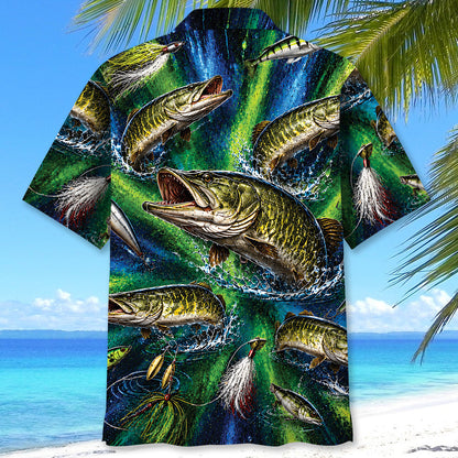 Musky Fishing Lures Blue Green Hawaiian Shirt