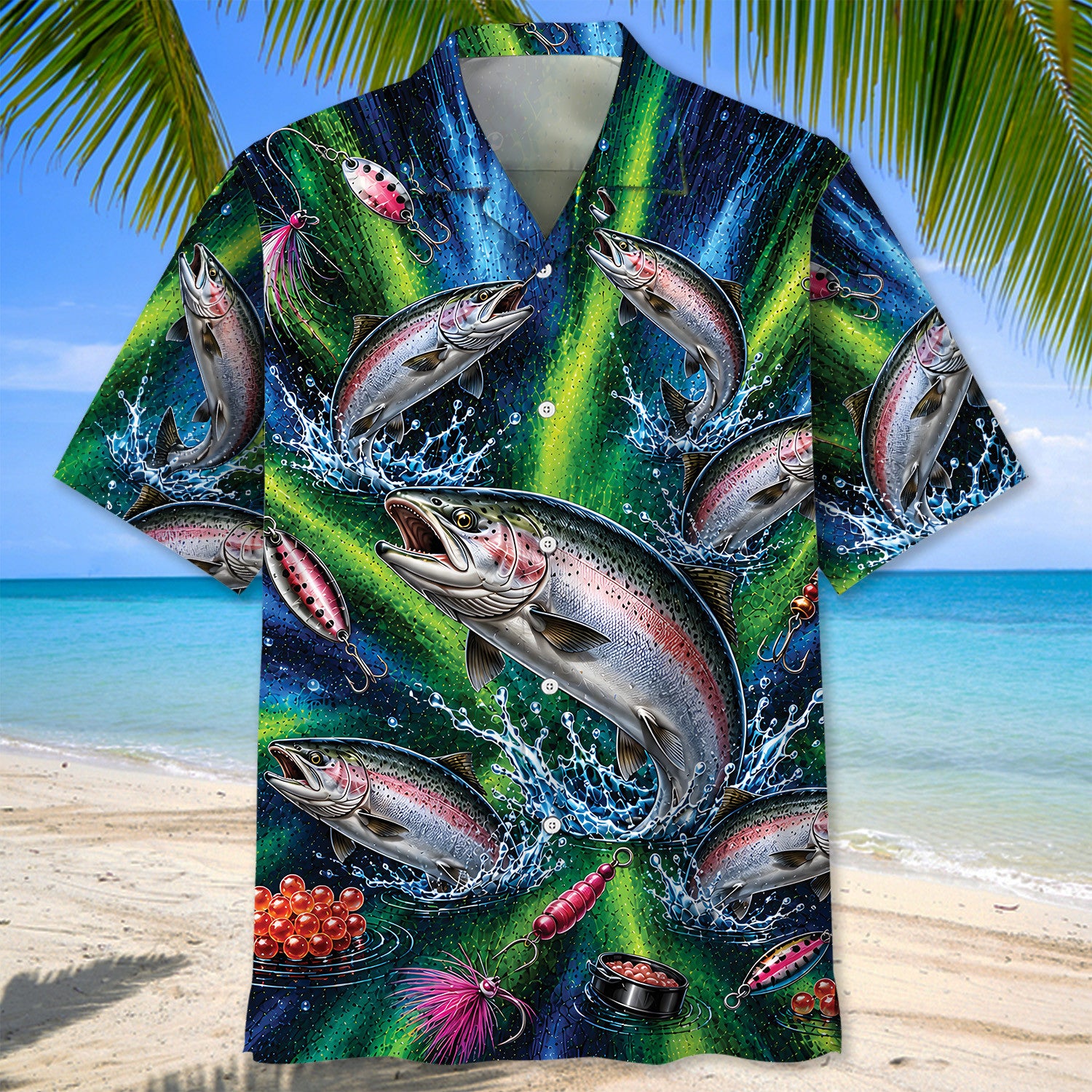 Salmon Fishing Lures Blue Green Hawaiian Shirt